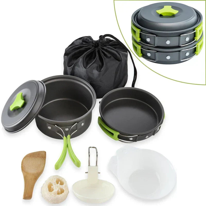 9-teiliges Camping Kochgeschirr-Set – Aluminium, Leicht & Kompakt, Grün