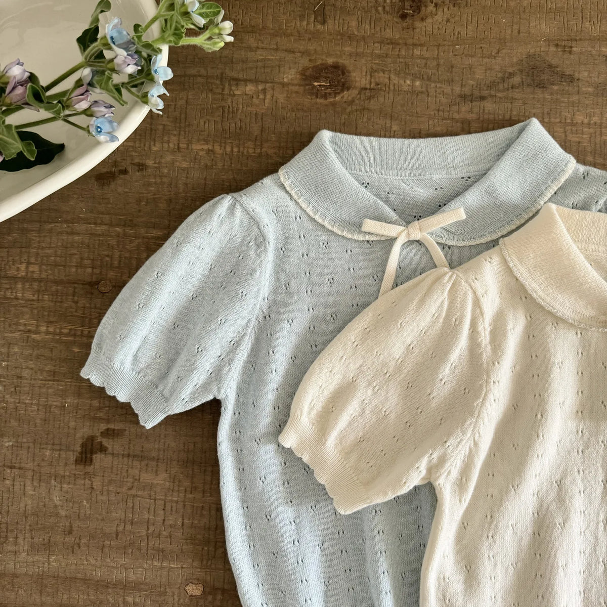 Mädchen Strickbluse Kurzarm mit Schleife – Korean Style, Baumwolle (2–7 Jahre)