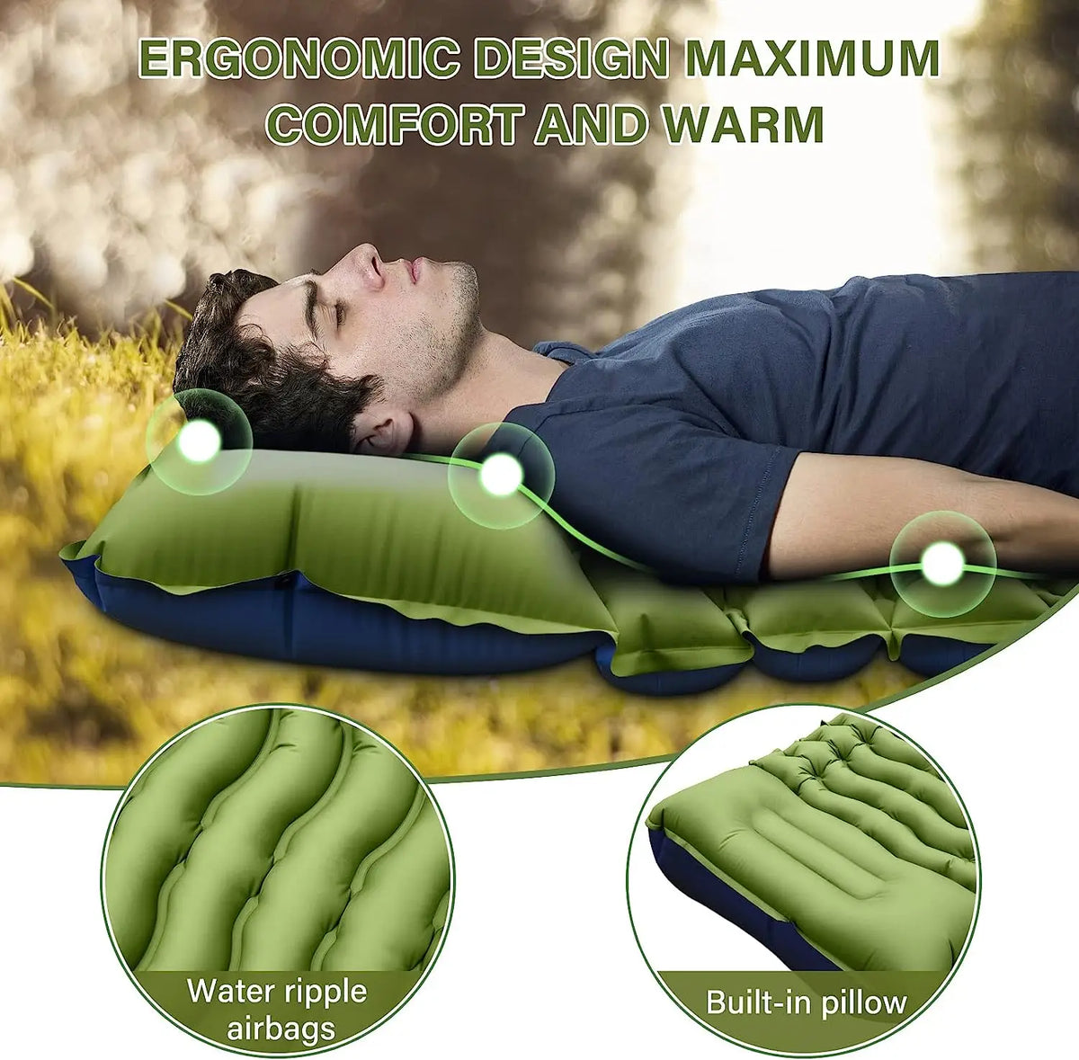 Aufblasbare Camping-Schlafmatte 10 cm – Mit integriertem Kissen & Fußpumpe, Grün