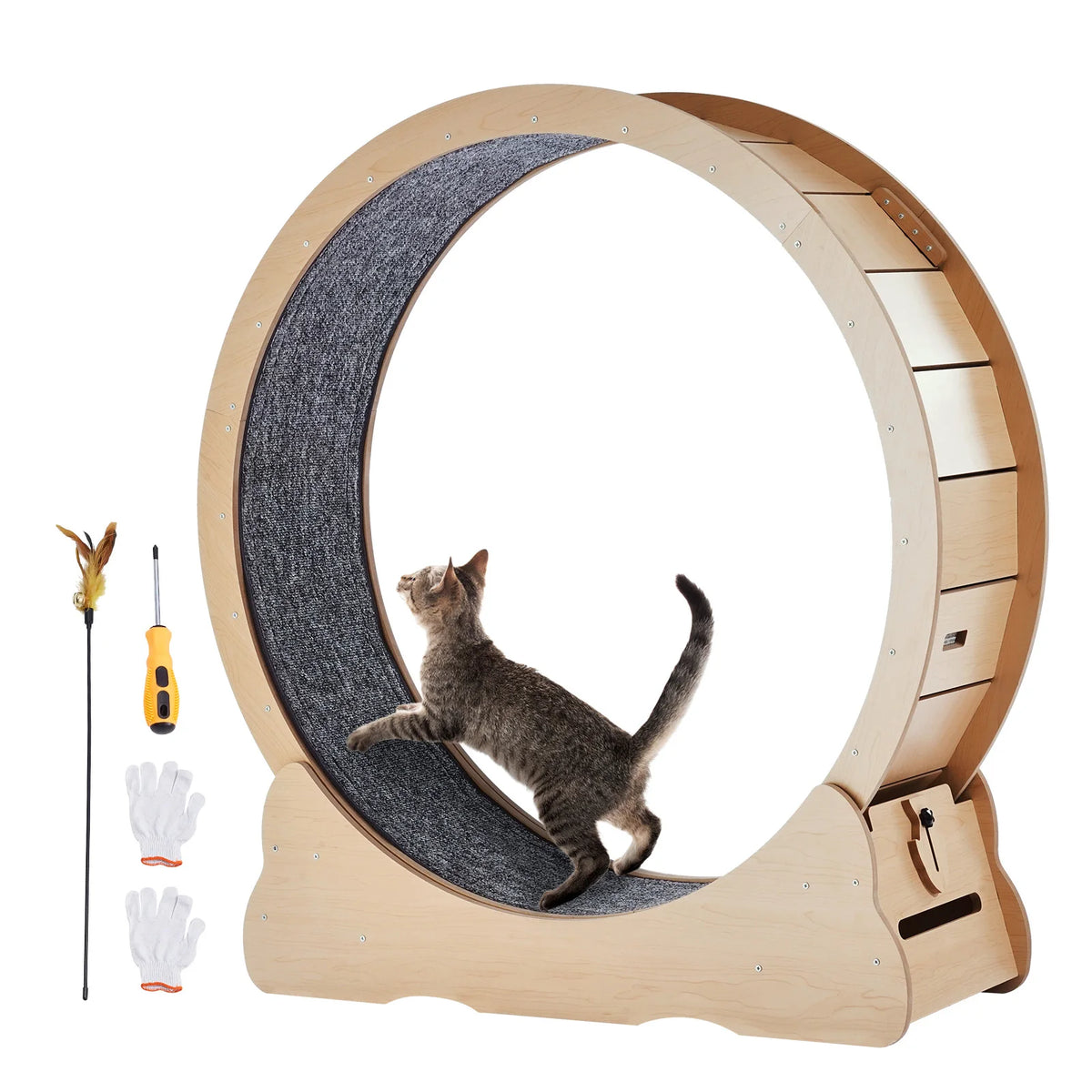 Katzen-Laufrad aus Holz – Großes Laufrad für Hauskatzen, leise, 5 Größen, abnehmbarer Teppich