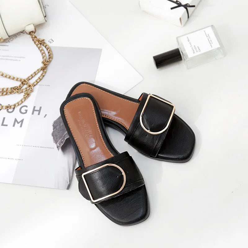 Damen Leder Sandalen – Flache Slides mit eckiger Zehenpartie