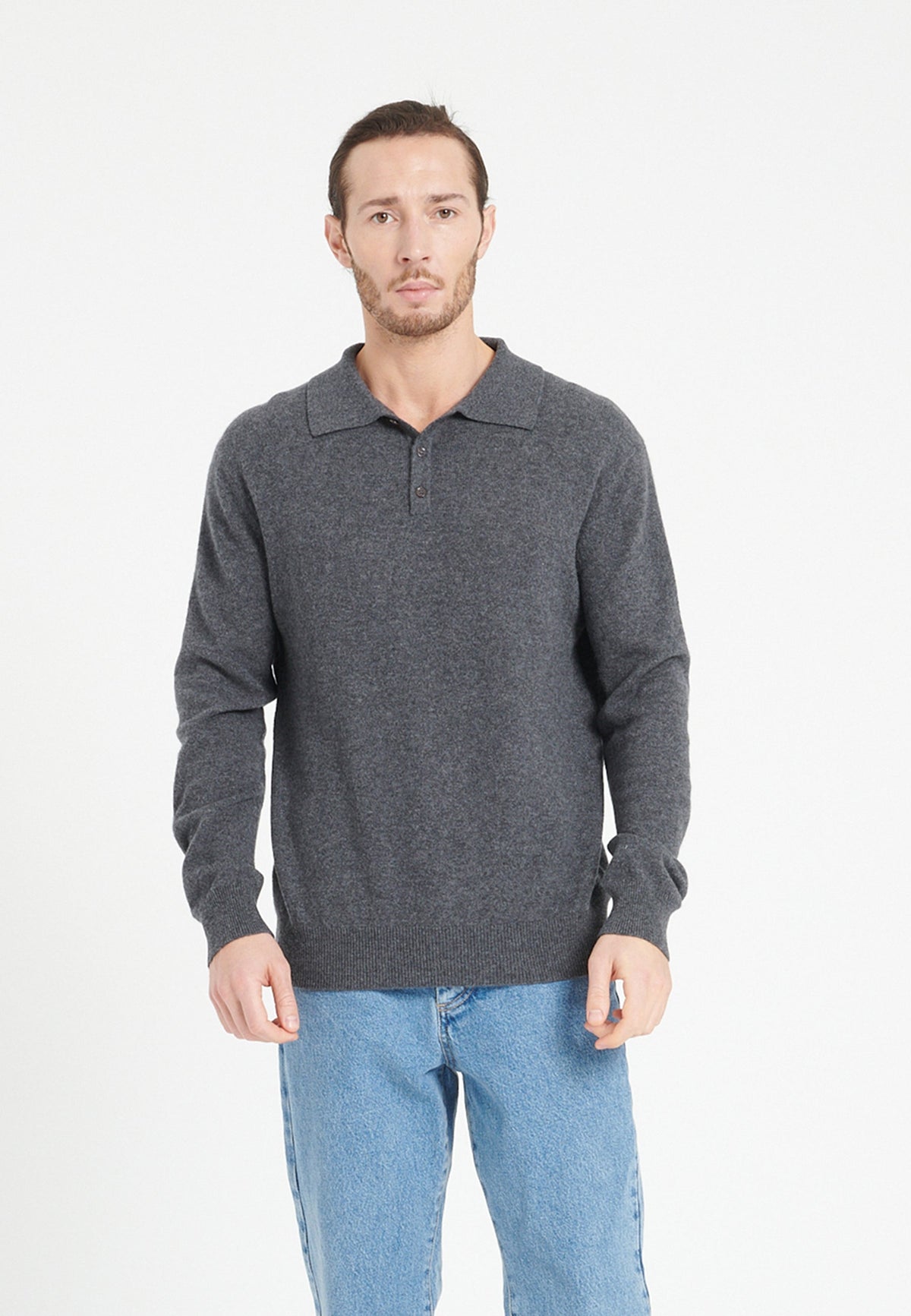 Herren Kaschmir-Poloshirt mit Langarm – Anthrazit (LUKE 5)
