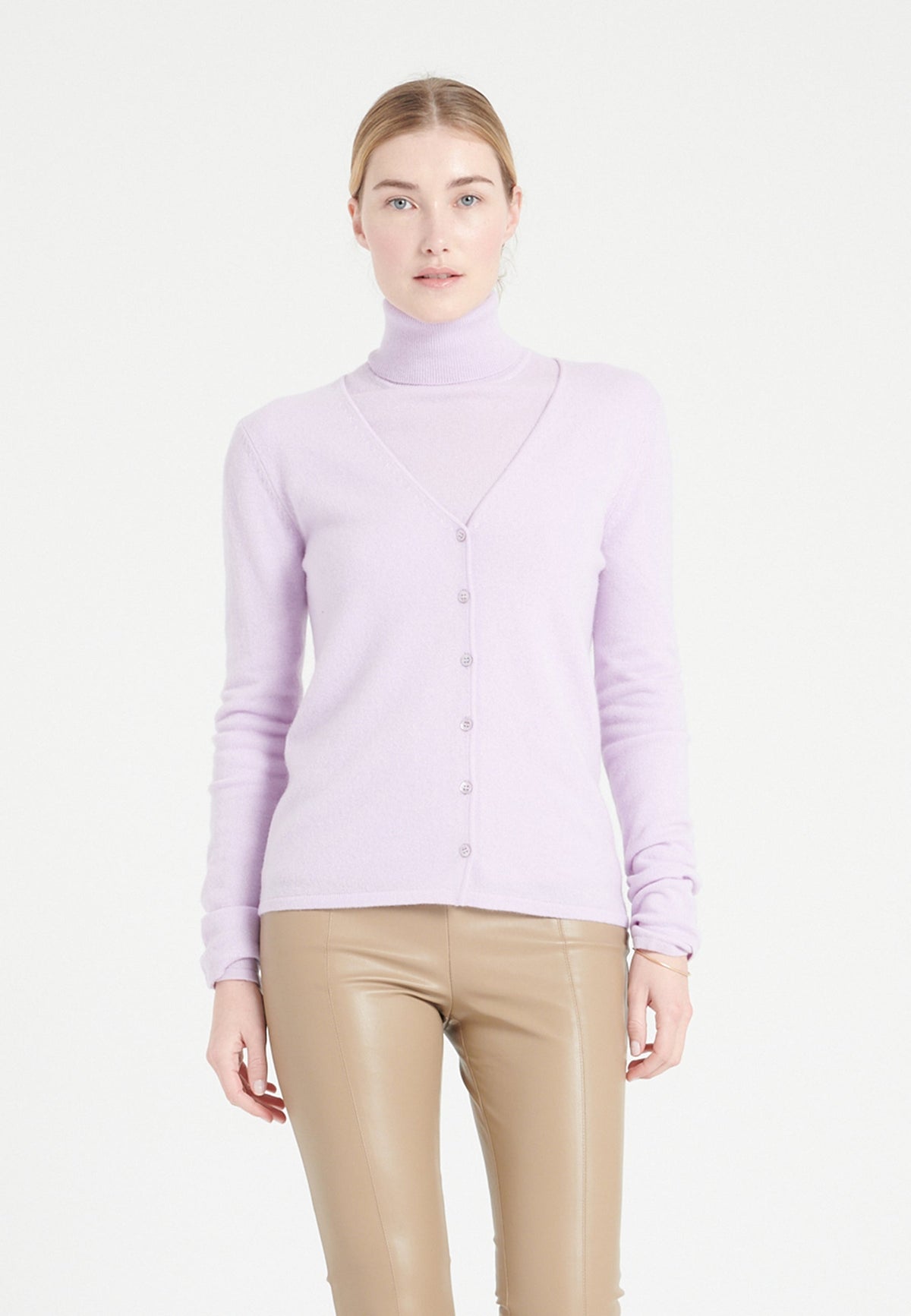 Damen Kaschmir-Cardigan mit V-Ausschnitt und Perlmuttknöpfen – Lila (LILLY 7A)