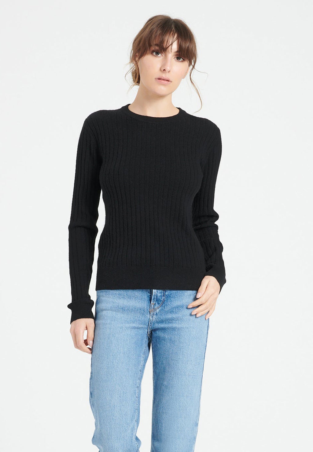Damen Kaschmirpullover mit Rundhals und Rippenstrick – Schwarz (LILLY 16)