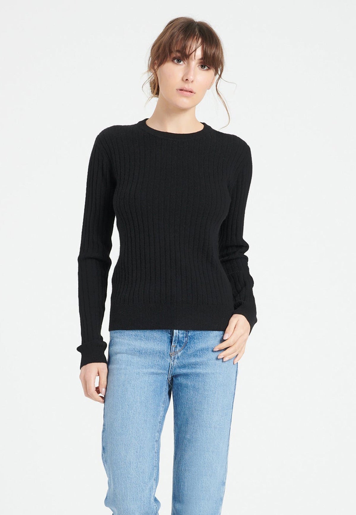 Damen Kaschmirpullover mit Rundhals und Rippenstrick – Schwarz (LILLY 16)