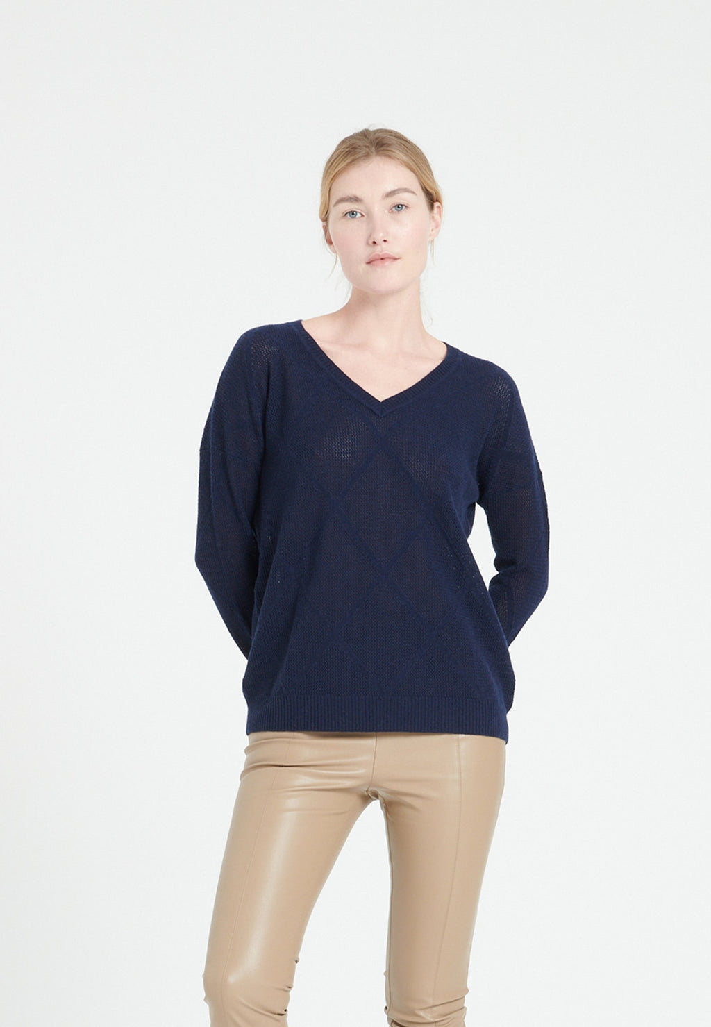 Damen Kaschmirpullover mit V-Ausschnitt und Ajour-Rautenmuster – Marineblau (LILLY 31)