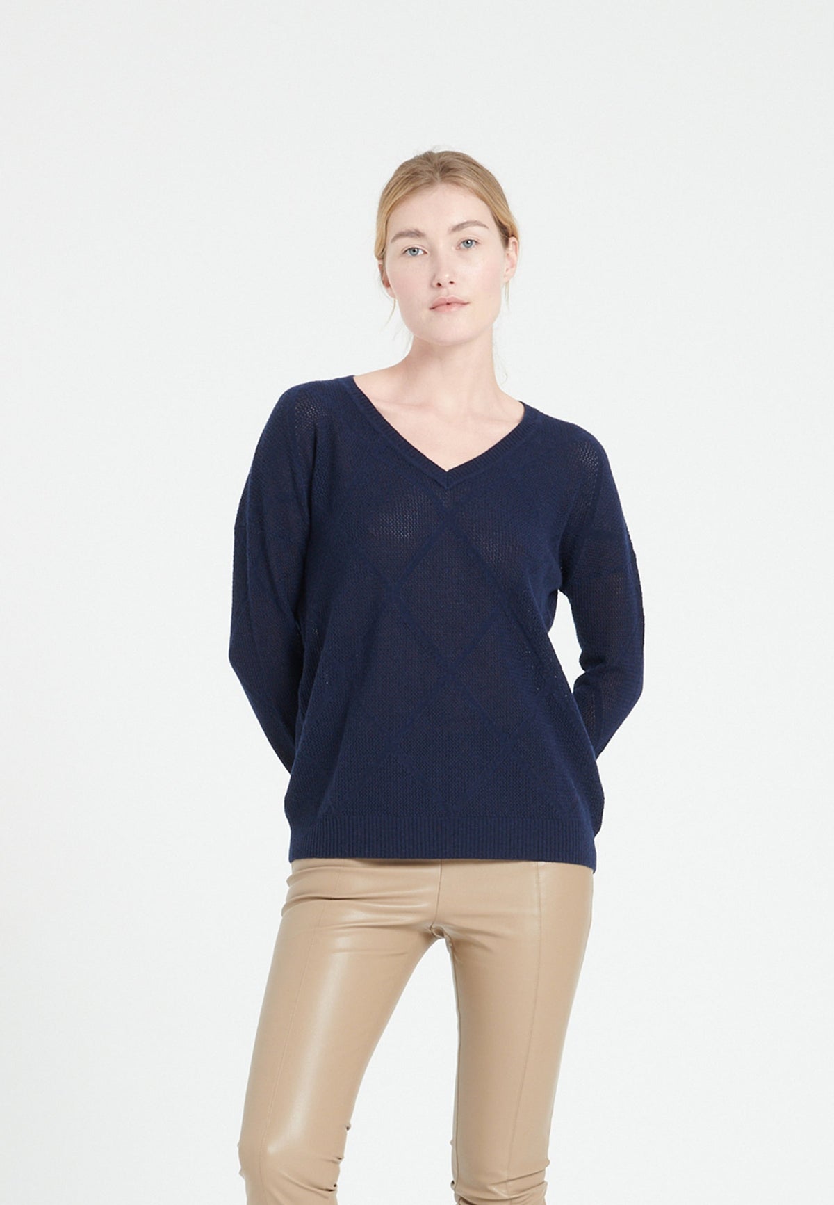 Damen Kaschmirpullover mit V-Ausschnitt und Ajour-Rautenmuster – Marineblau (LILLY 31)