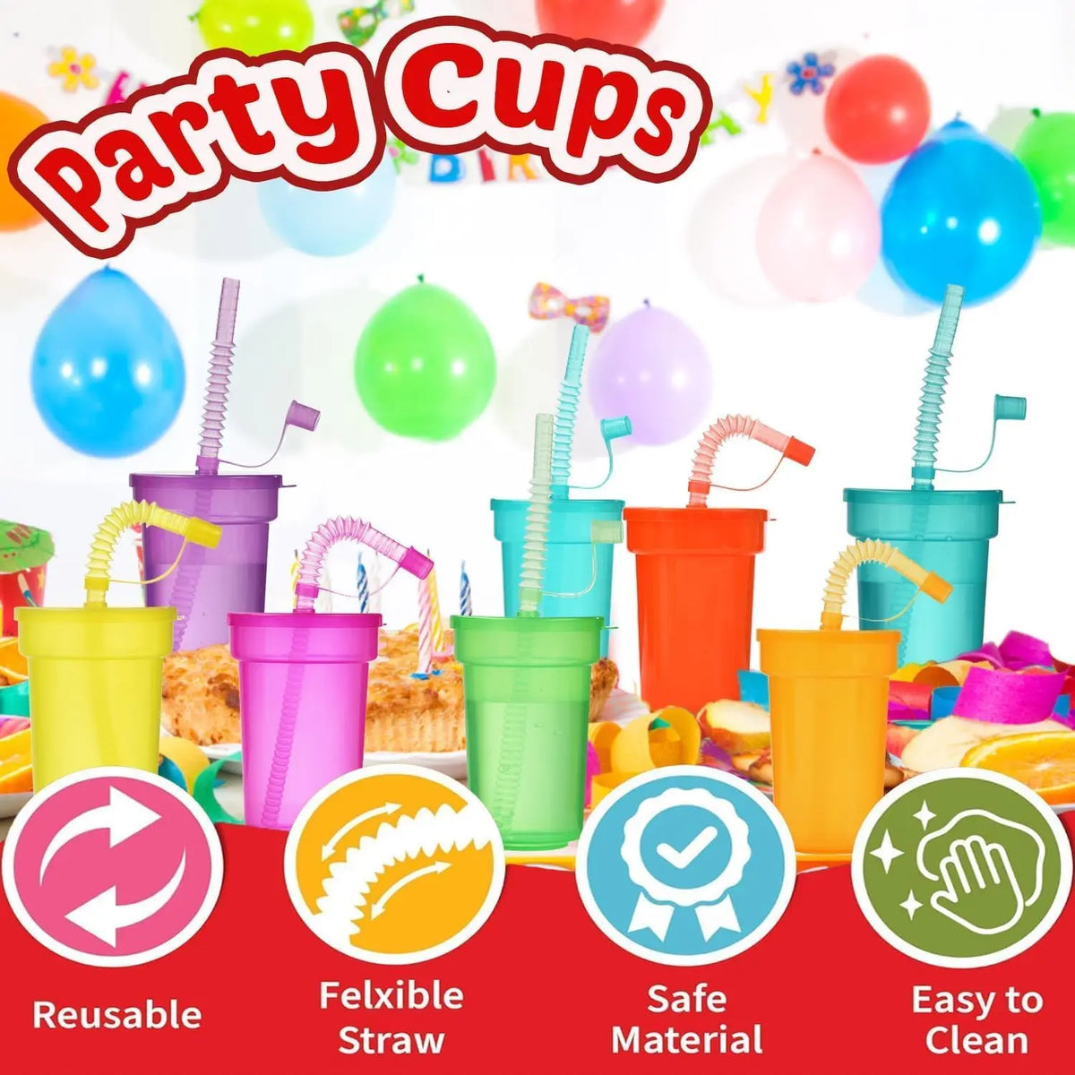 Bunte Party-Becher für Kinder – Neon mit Deckel & Strohhalm