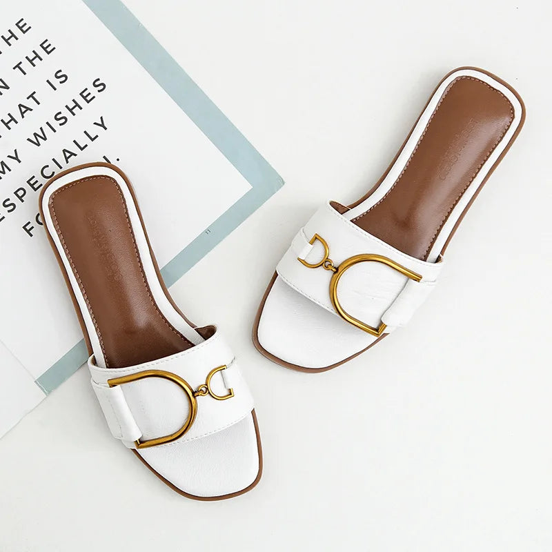 Damen Leder Sandalen – Flache Slides mit eckiger Zehenpartie