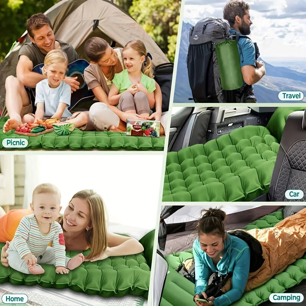 Aufblasbare Camping-Schlafmatte 10 cm – Mit integriertem Kissen & Fußpumpe, Grün