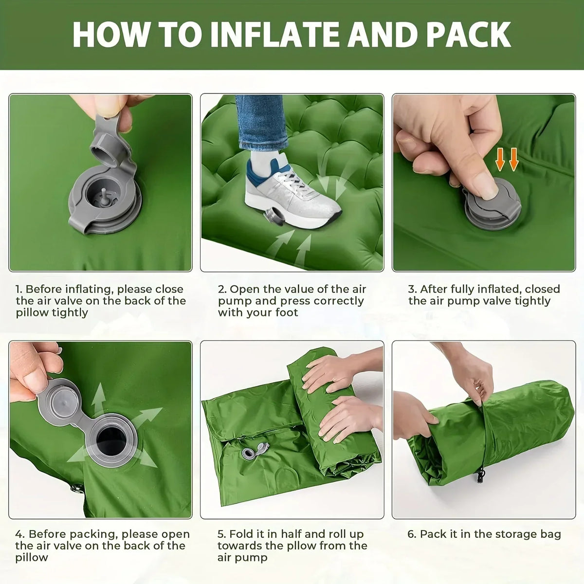 Aufblasbare Camping-Schlafmatte 10 cm – Mit integriertem Kissen & Fußpumpe, Grün