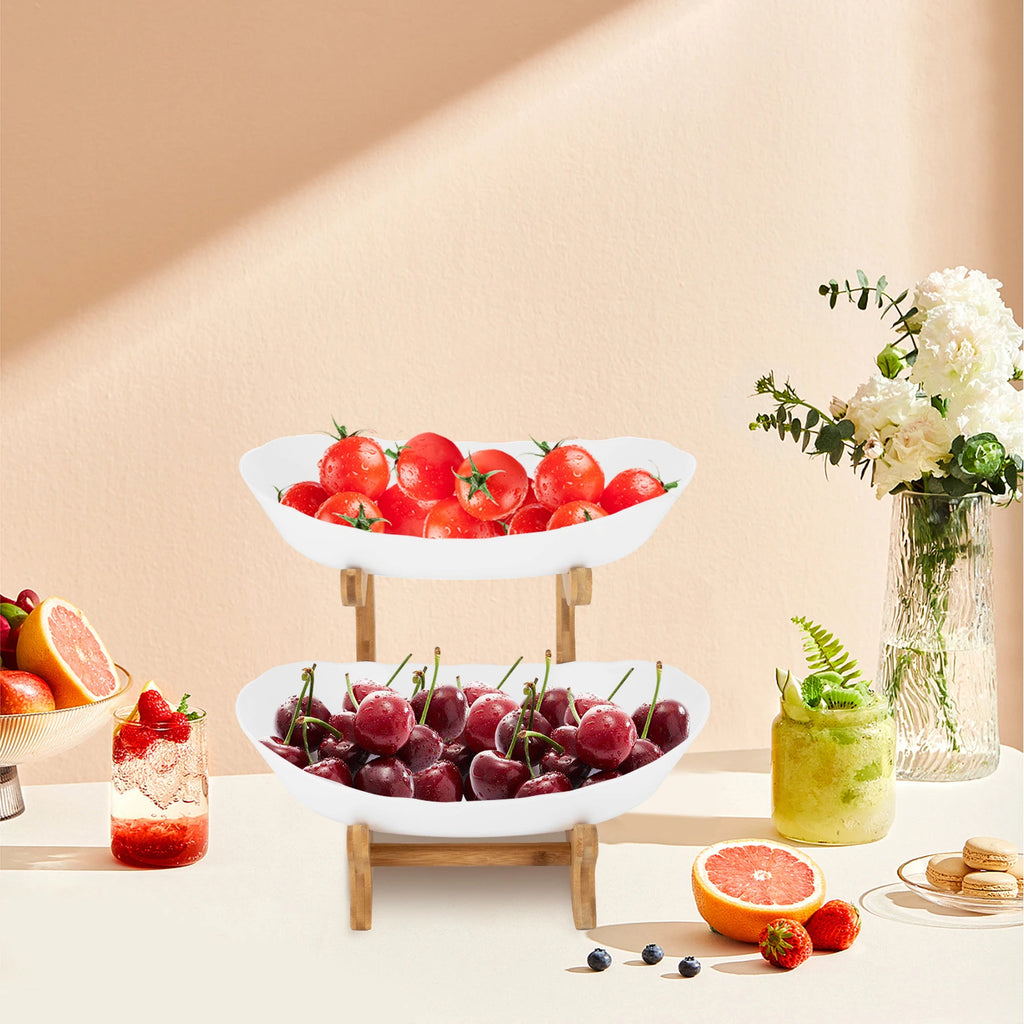 2-stöckige Obstschale aus Bambus – Obst- & Gemüsekorb mit abnehmbaren PP-Schalen für Küche & Esstisch