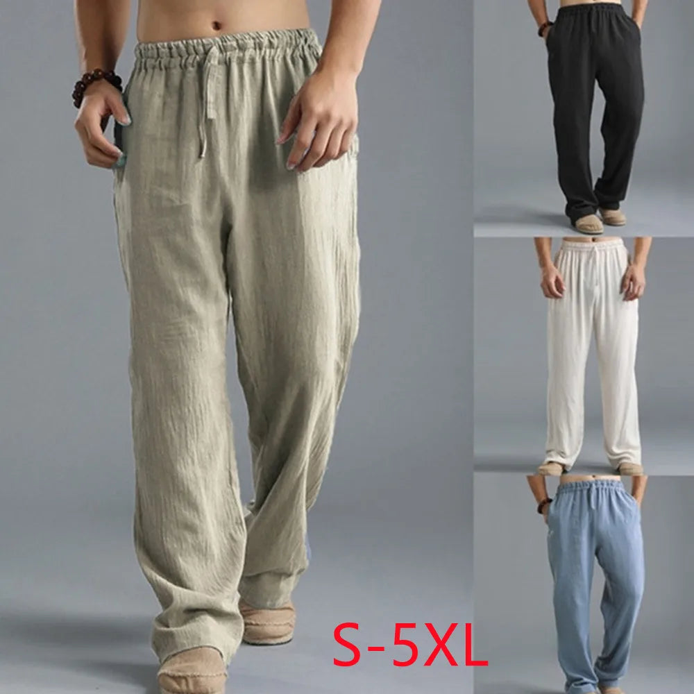 Herren Yogahose – Leichte Baumwoll-Leinen Hose mit Kordelzug