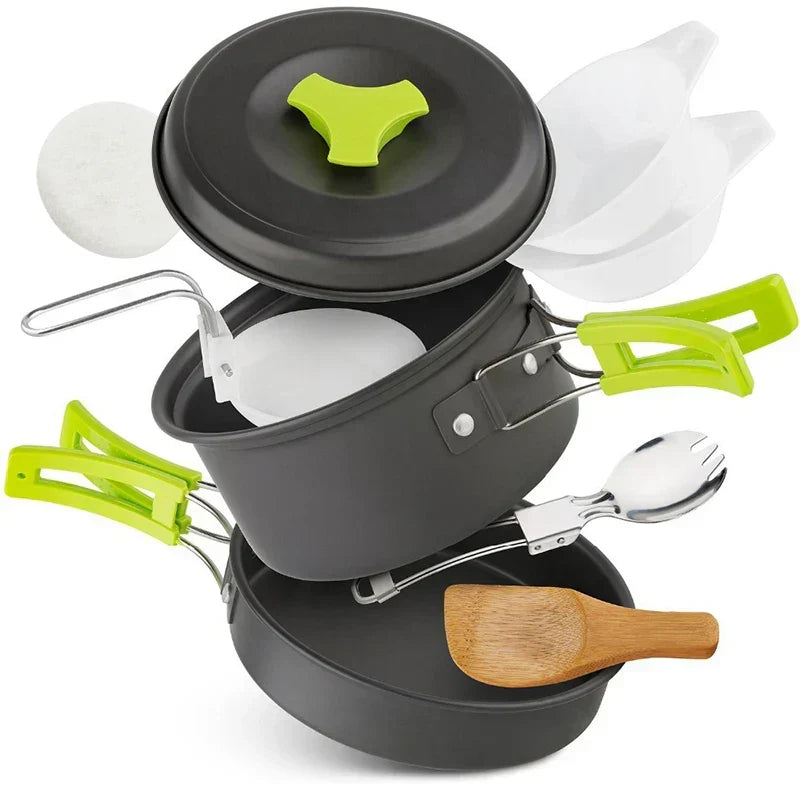 9-teiliges Camping Kochgeschirr-Set – Aluminium, Leicht & Kompakt, Grün