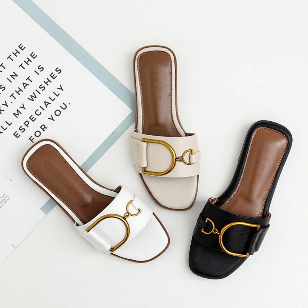 Damen Leder Sandalen – Flache Slides mit eckiger Zehenpartie