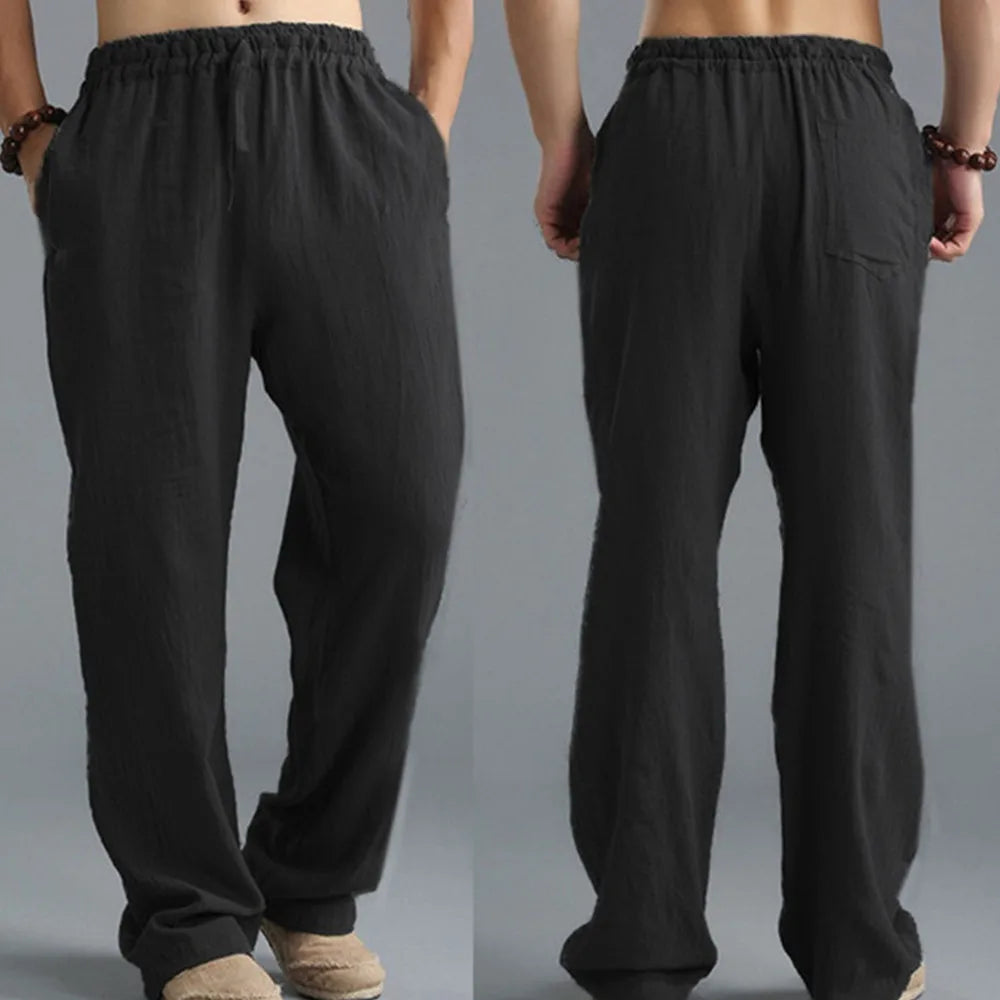 Herren Yogahose – Leichte Baumwoll-Leinen Hose mit Kordelzug