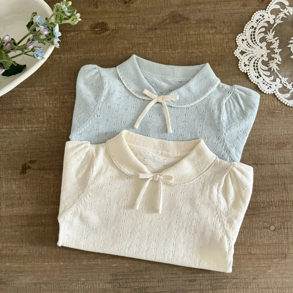 Mädchen Strickbluse Kurzarm mit Schleife – Korean Style, Baumwolle (2–7 Jahre)