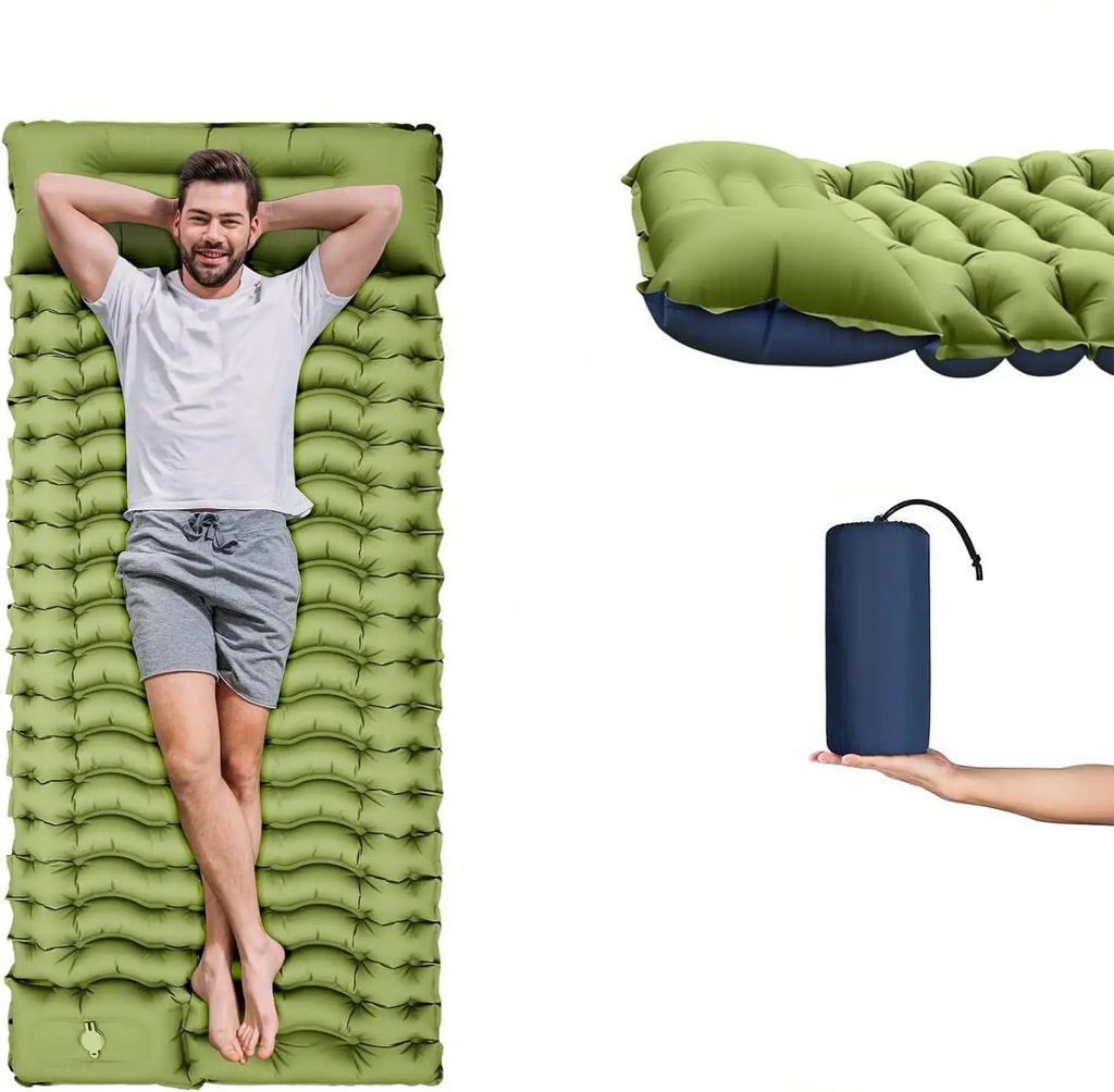Aufblasbare Camping-Schlafmatte 10 cm – Mit integriertem Kissen & Fußpumpe, Grün
