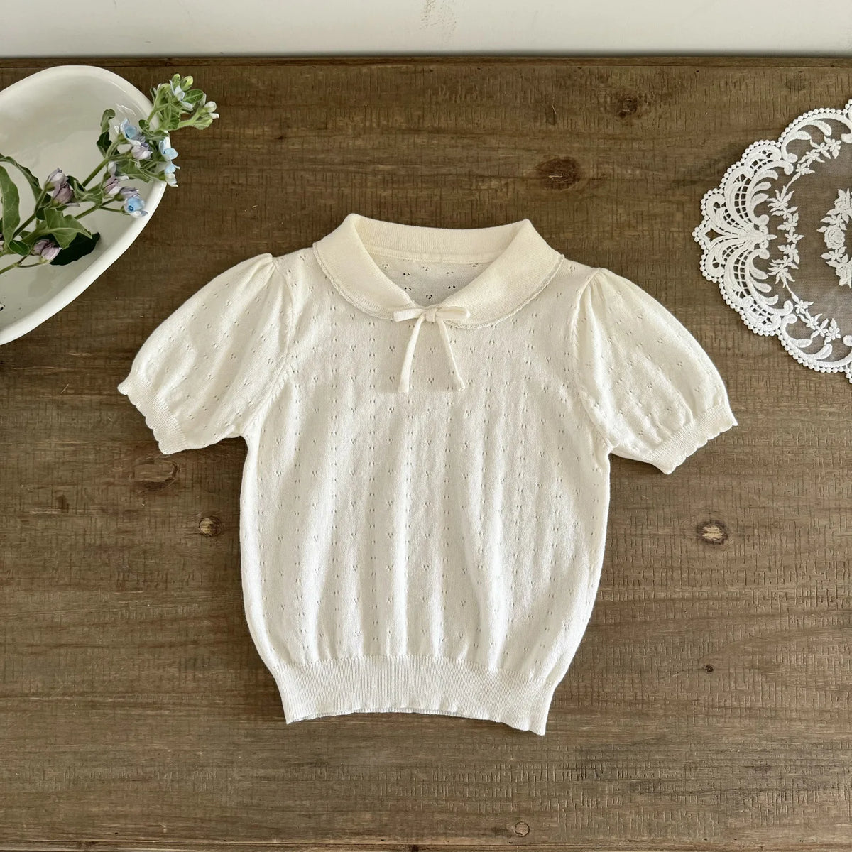 Mädchen Strickbluse Kurzarm mit Schleife – Korean Style, Baumwolle (2–7 Jahre)