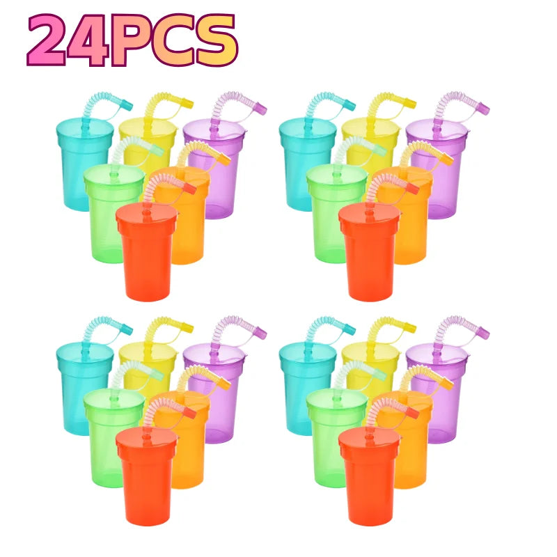 Bunte Party-Becher für Kinder – Neon mit Deckel & Strohhalm