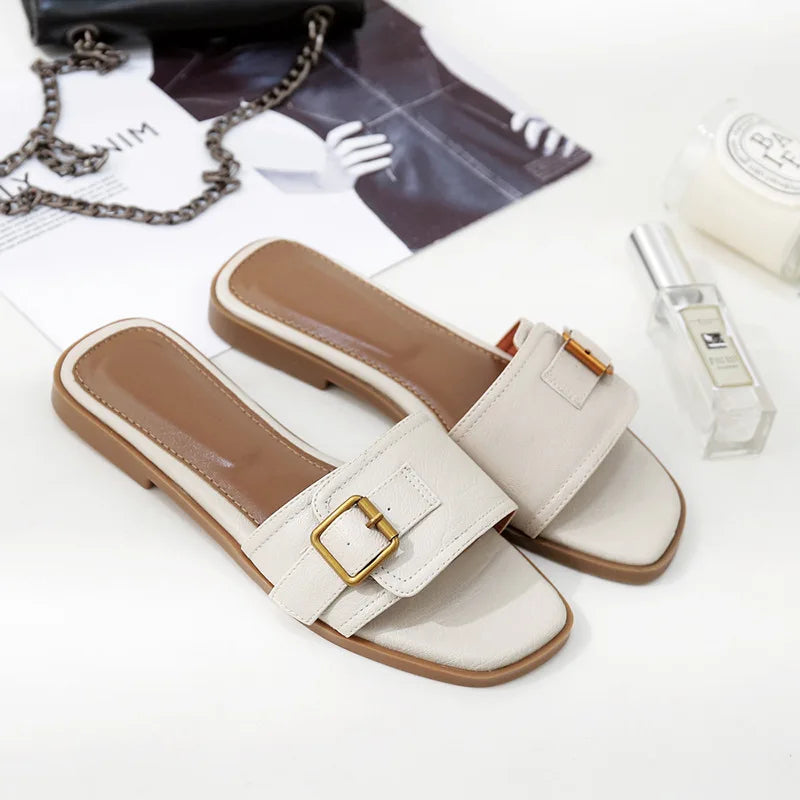 Damen Leder Sandalen – Flache Slides mit eckiger Zehenpartie