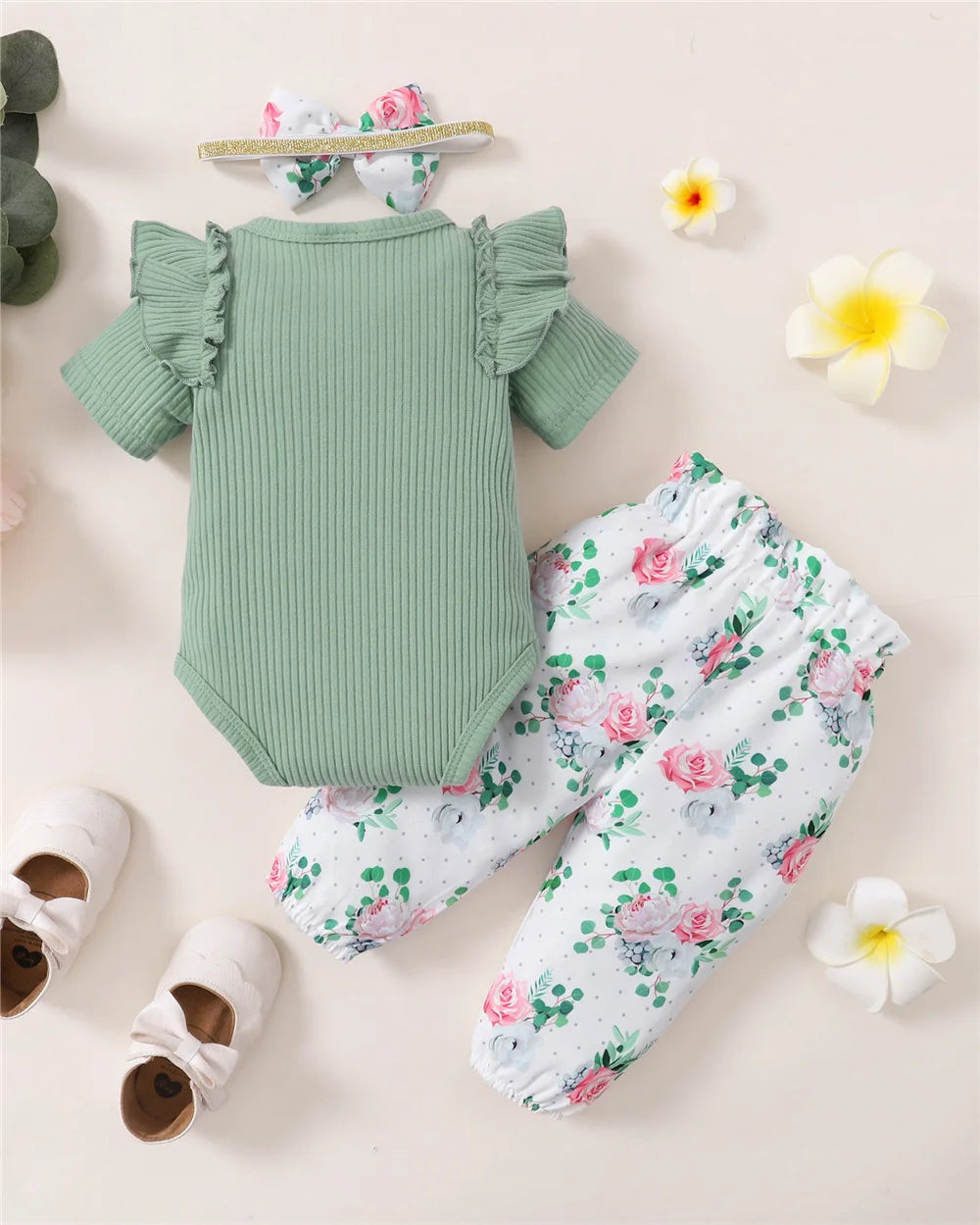 Baby Mädchen 3-teiliges Sommer-Set – Romper, Blumenhose & Haarband