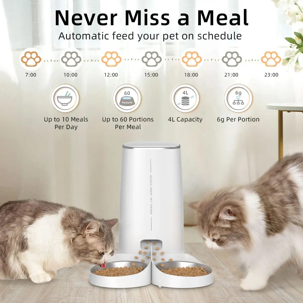 ROJECO Automatischer Katzenfutterspender – Smart WiFi Futterautomat für Katzen & Hunde