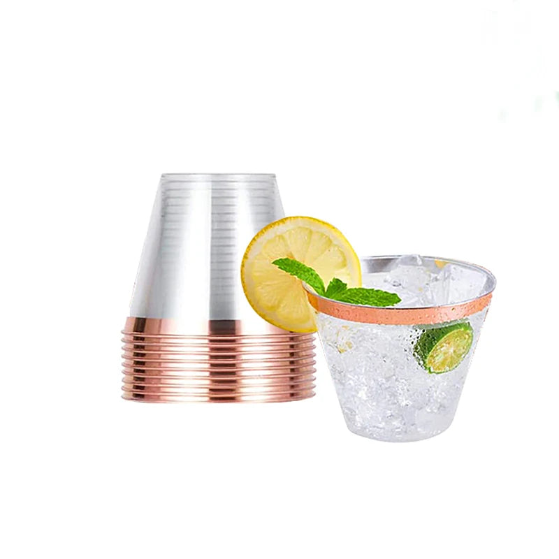 Goldrand-Plastikbecher 9 Oz – Transparente Einweggläser für Hochzeit, Party & Cocktails (10/50/100 Stück)