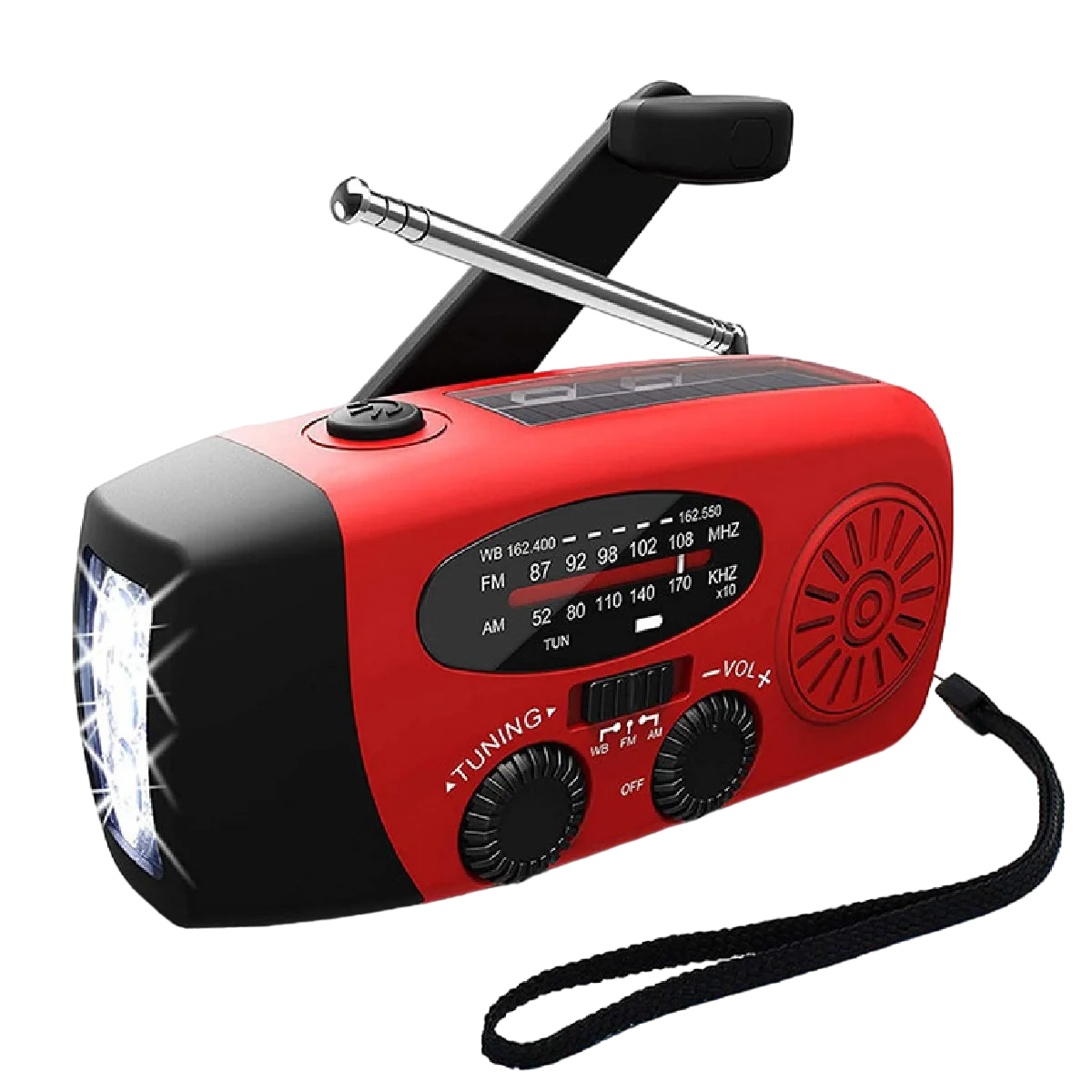 Solarbetriebenes Campinglicht mit AM/FM Radio – Handkurbel, USB, Rot