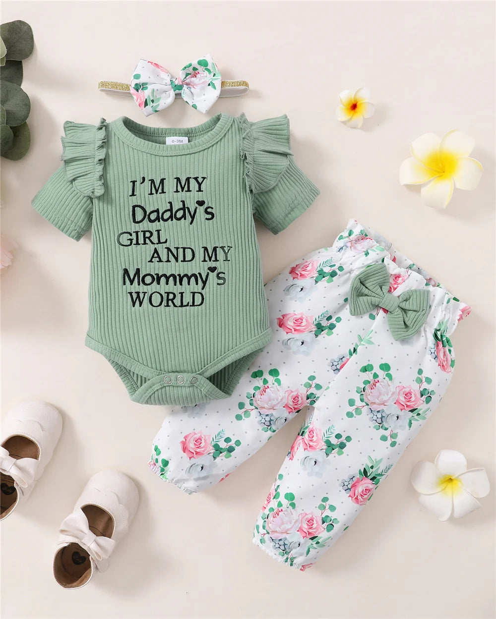 Baby Mädchen 3-teiliges Sommer-Set – Romper, Blumenhose & Haarband