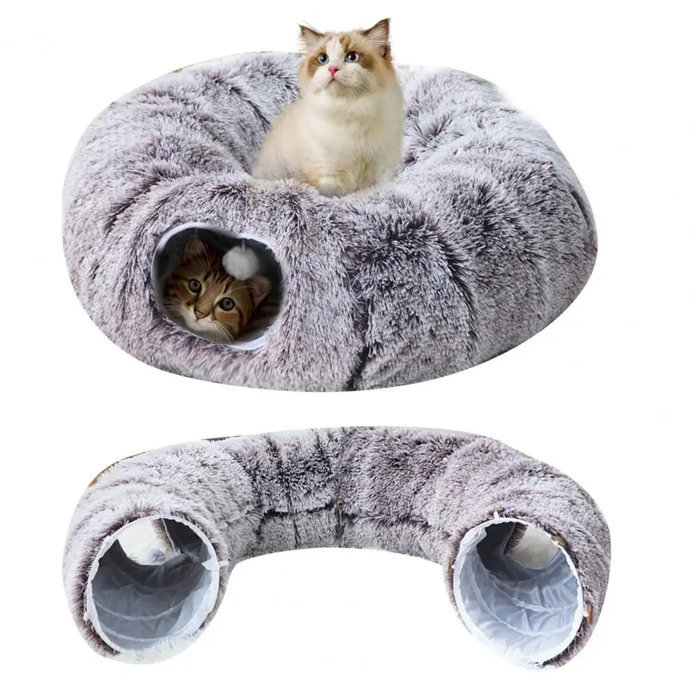 Katzentunnel-Bett mit Hängebällen – Waschbares Plüsch-Spieltunnel für Katzen