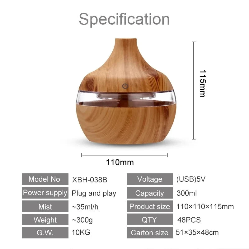 Elektrischer Aroma Luftbefeuchter aus Holz – Ultraschall, 300ml, ätherische Öle, für Zuhause
