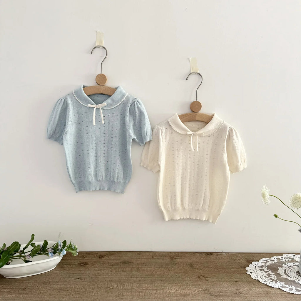 Mädchen Strickbluse Kurzarm mit Schleife – Korean Style, Baumwolle (2–7 Jahre)