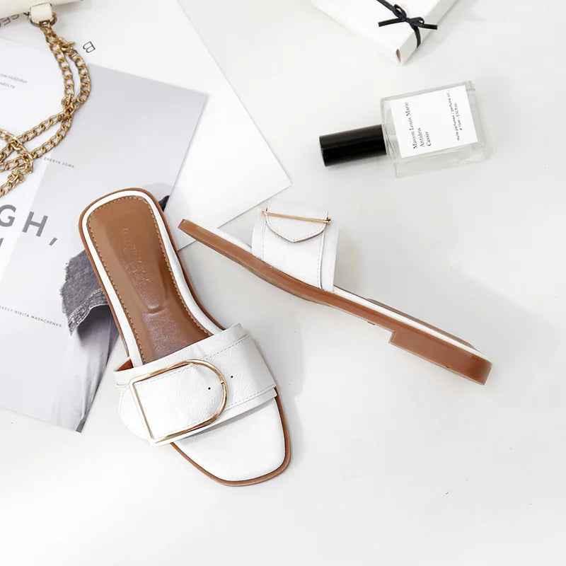 Damen Leder Sandalen – Flache Slides mit eckiger Zehenpartie