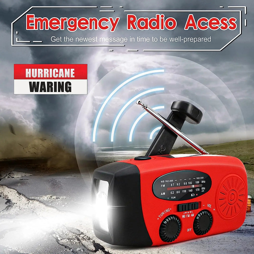 Solarbetriebenes Campinglicht mit AM/FM Radio – Handkurbel, USB, Rot