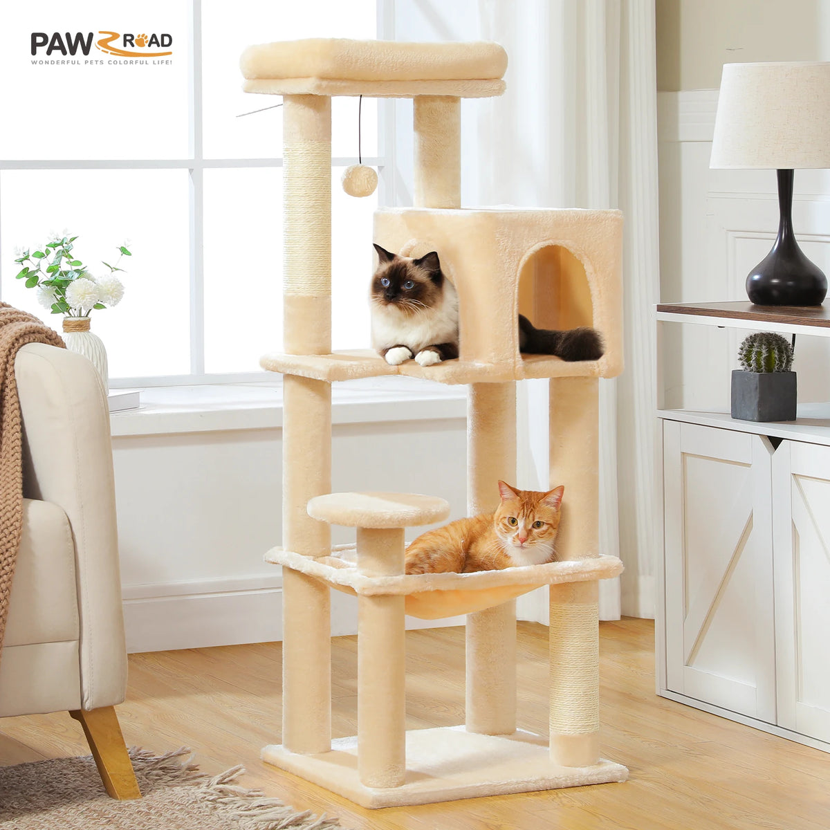Mehrstöckiger Kratzbaum mit Sisal-Kratzpfosten – Kuschelhöhle, Hängematte & Plattformen für Katzen (Größe S)