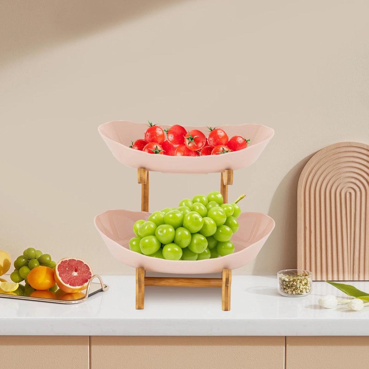 2-stöckige Obstschale aus Bambus – Obst- & Gemüsekorb mit abnehmbaren PP-Schalen für Küche & Esstisch