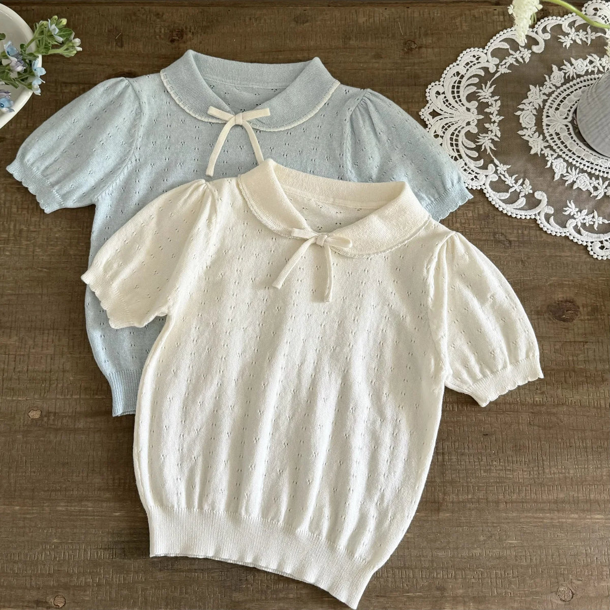 Mädchen Strickbluse Kurzarm mit Schleife – Korean Style, Baumwolle (2–7 Jahre)