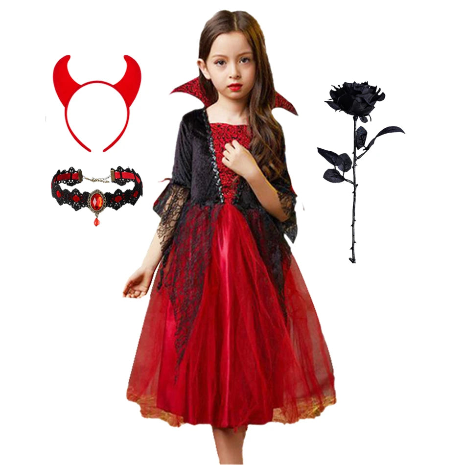 Halloween Kostüm Mädchen – Geisterbraut Mesh-Kleid mit Zubehör (110–160 cm)