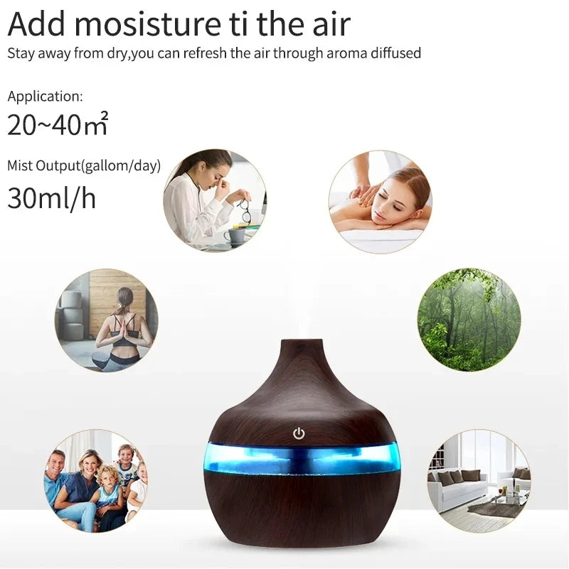 Elektrischer Aroma Luftbefeuchter aus Holz – Ultraschall, 300ml, ätherische Öle, für Zuhause