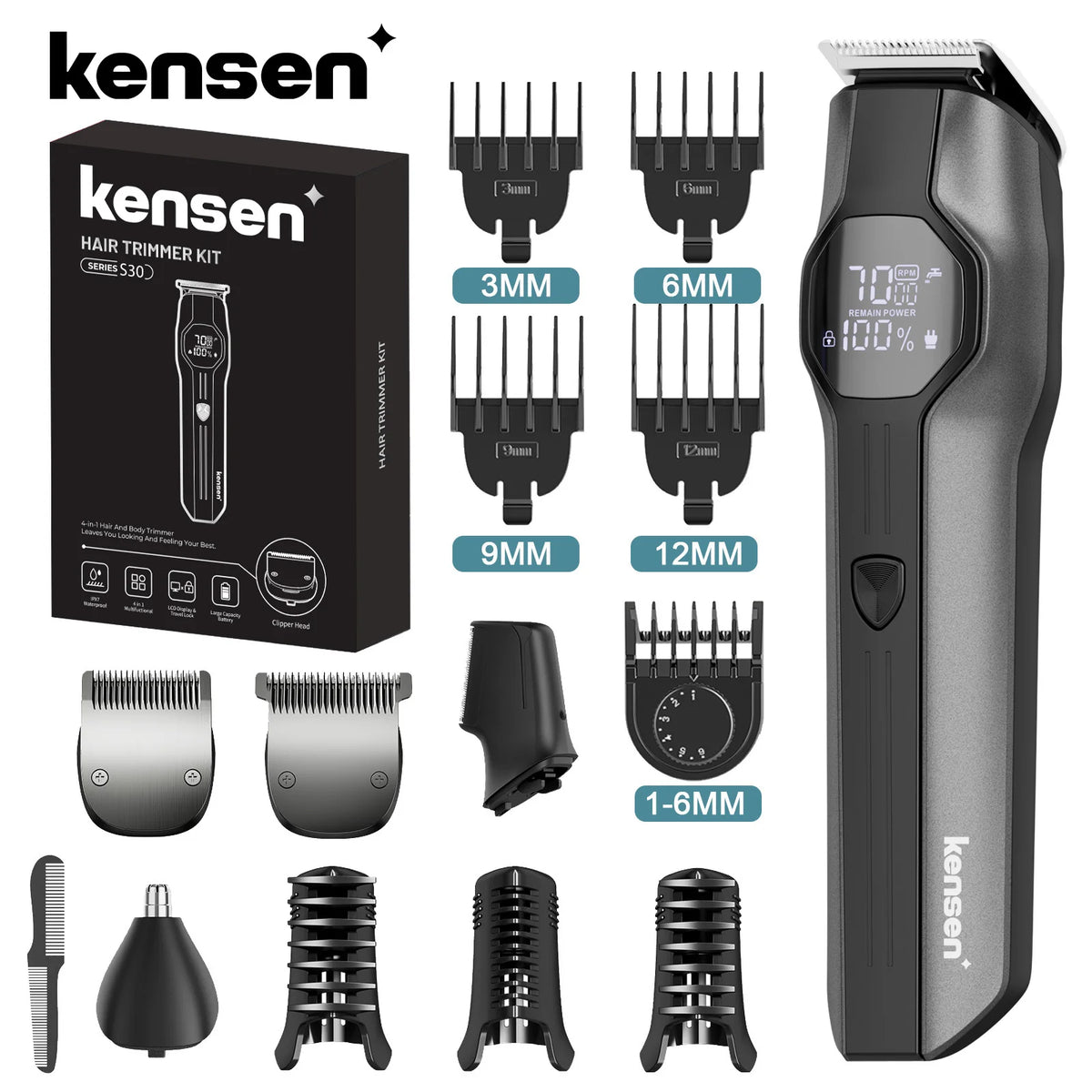 Kensen S30 4-in-1 Haarschneider – Kabellos mit LED-Display