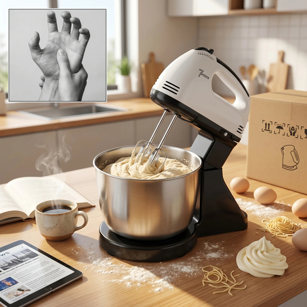Elektrischer Handmixer – 7 Stufen, 100W mit Edelstahlhaken