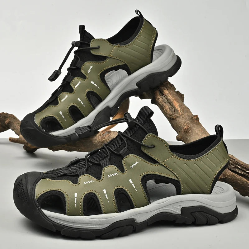Herren Ledersandalen – Outdoor Wanderschuhe Sommer | Schwarz, Beige, Grün