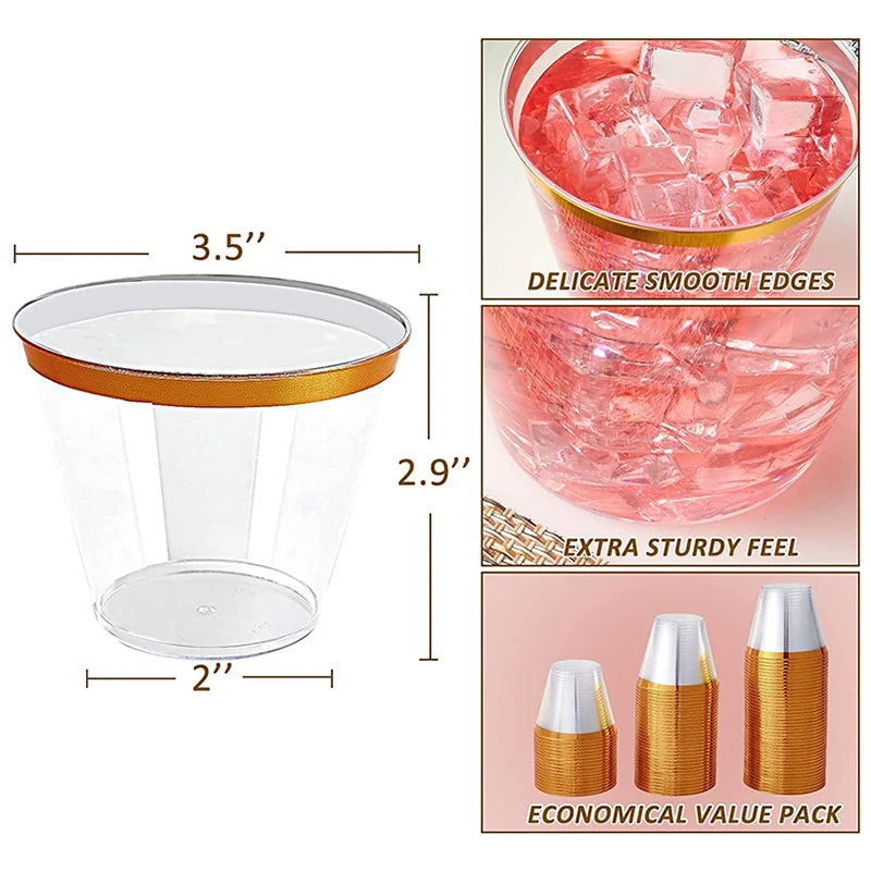 Goldrand-Plastikbecher 9 Oz – Transparente Einweggläser für Hochzeit, Party & Cocktails (10/50/100 Stück)