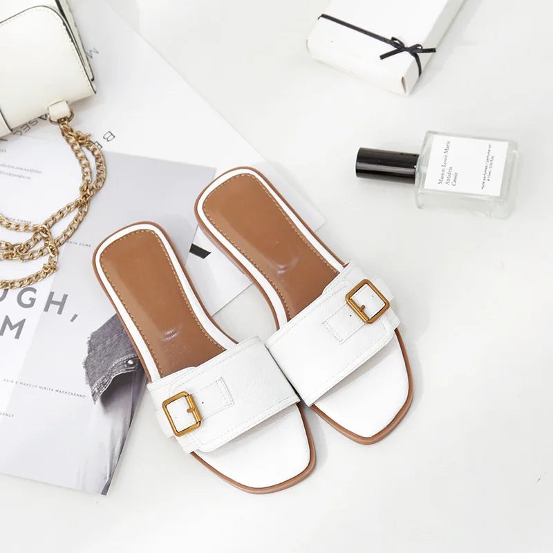 Damen Leder Sandalen – Flache Slides mit eckiger Zehenpartie