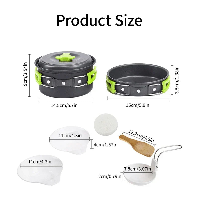 9-teiliges Camping Kochgeschirr-Set – Aluminium, Leicht & Kompakt, Grün