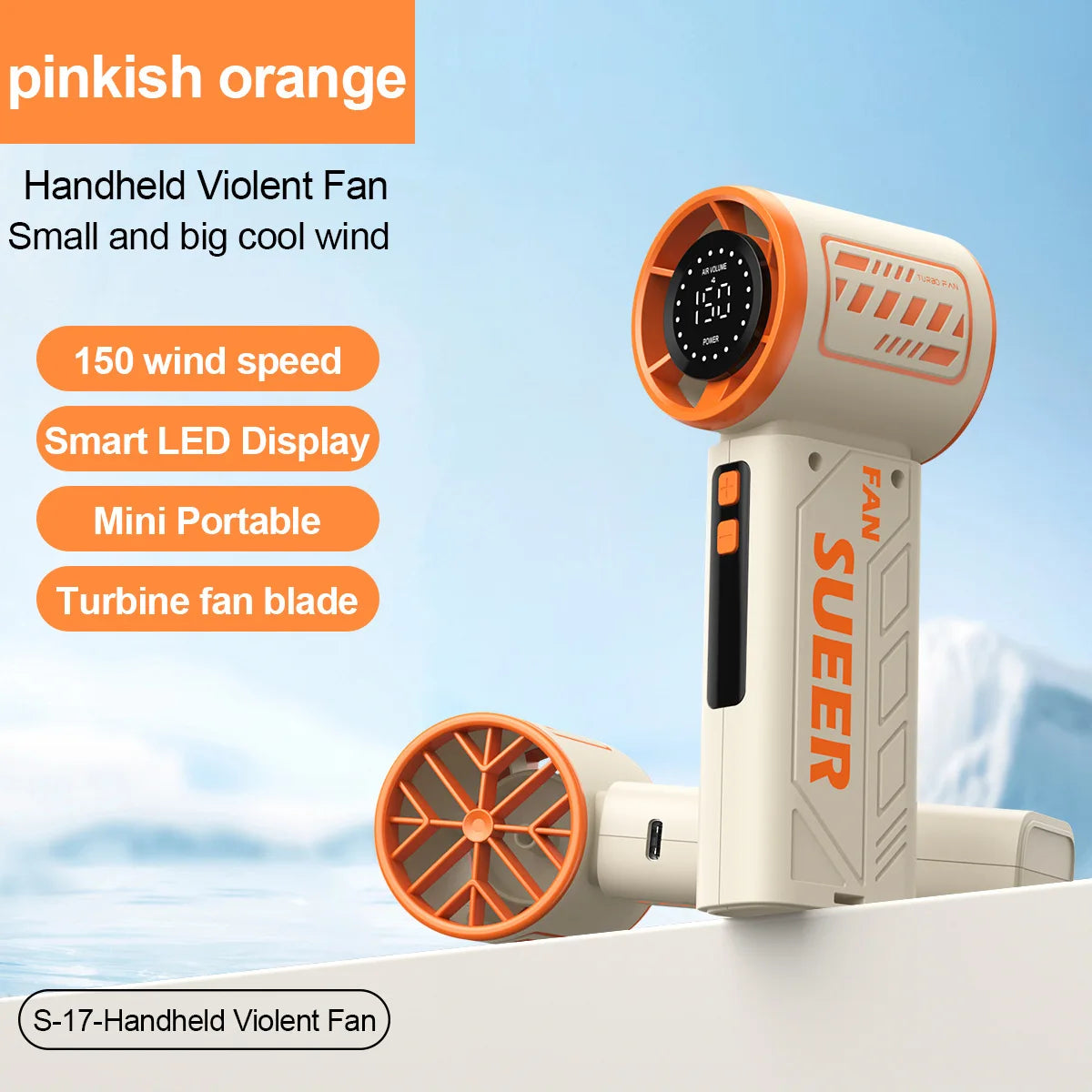 Mini Turbo Handventilator – 150 Stufen, 6000 mAh Akku, USB-C, LED-Display (Grün/Lila/Orange)