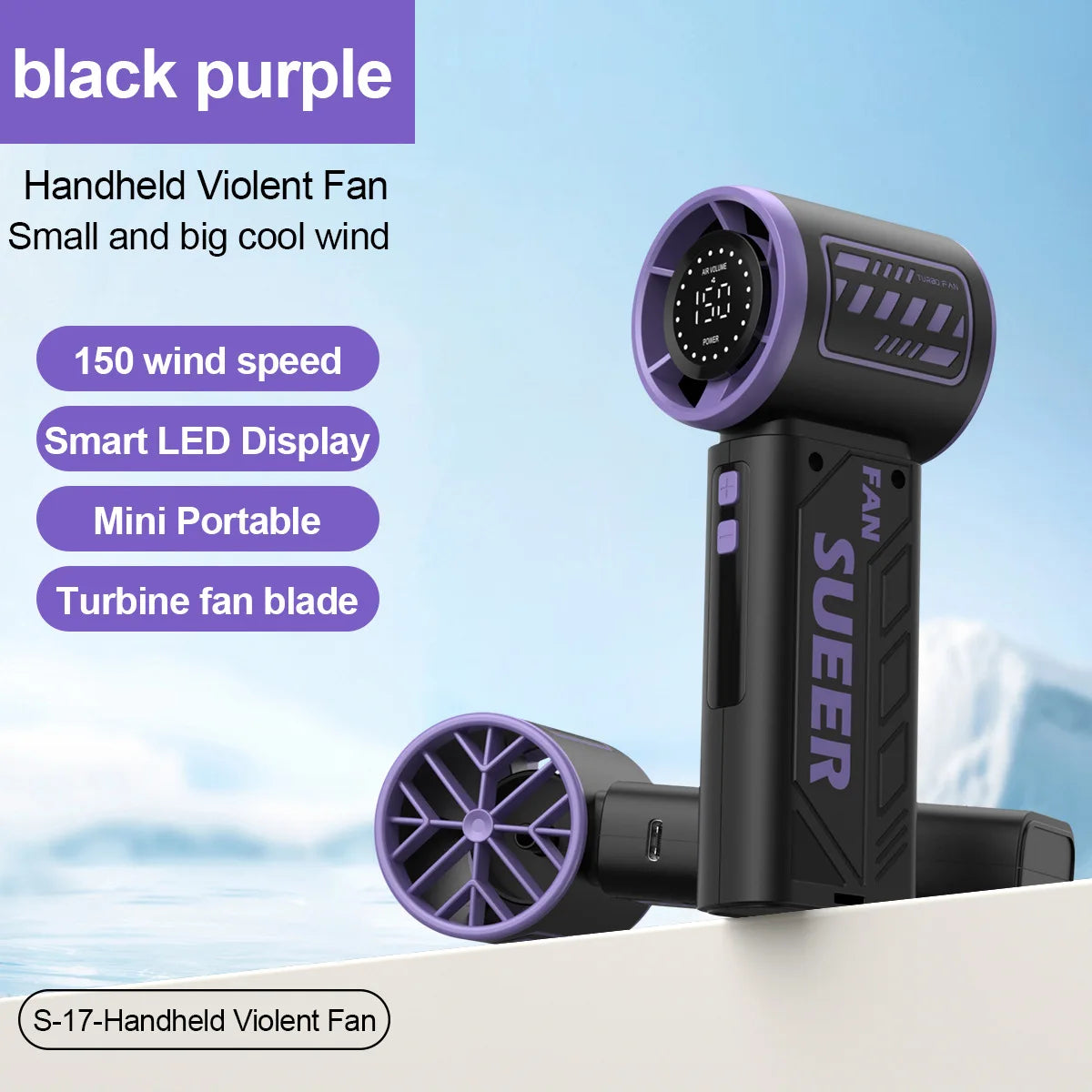 Mini Turbo Handventilator – 150 Stufen, 6000 mAh Akku, USB-C, LED-Display (Grün/Lila/Orange)