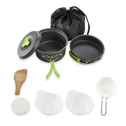 9-teiliges Camping Kochgeschirr-Set – Aluminium, Leicht & Kompakt, Grün