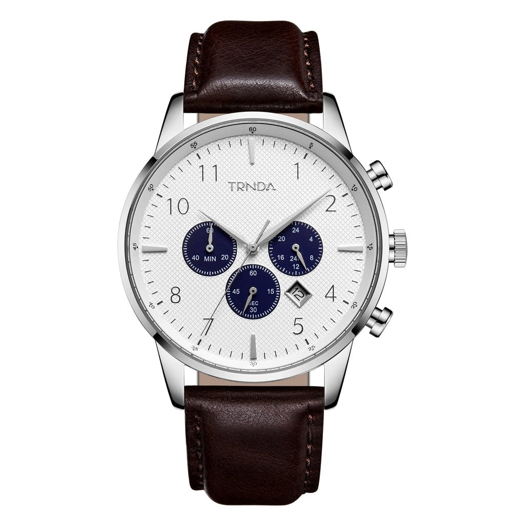 Trnda Herren-Armbanduhr | Edelstahl Silber | Braunes Lederband | 43mm